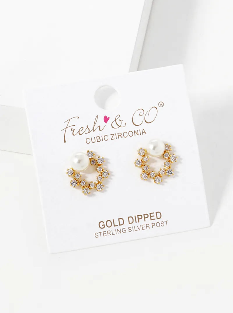 18k Gold Dipped CZ Pave Pearl Wreath Stud Earrings