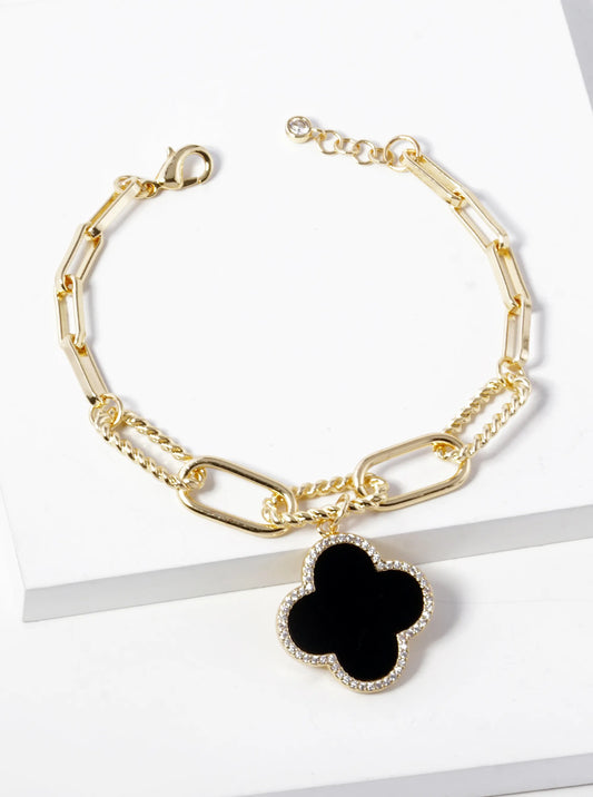 18k Gold Dipped CZ Pave Quatrefoil Charm Chain Bracelet