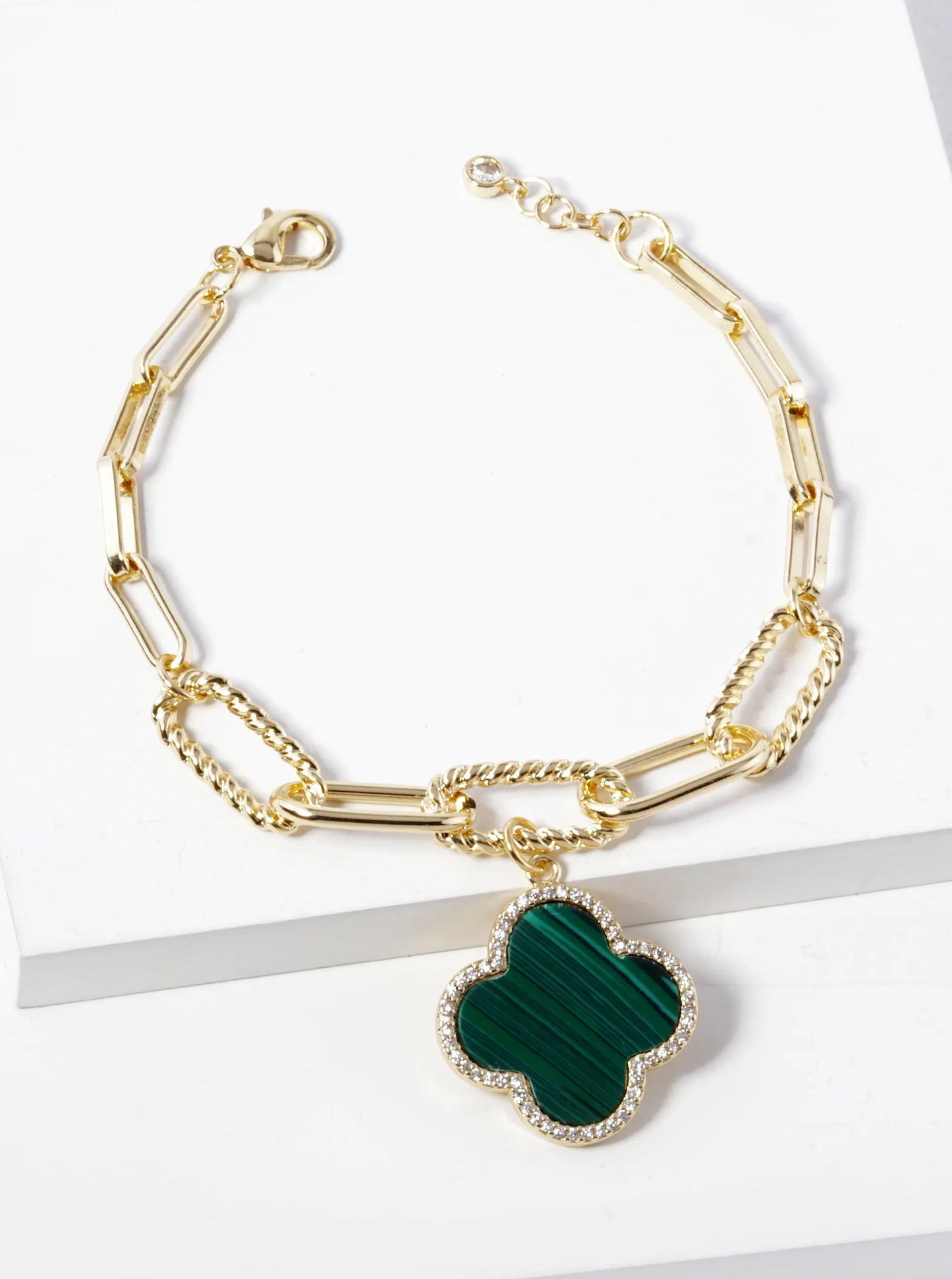 18k Gold Dipped CZ Pave Quatrefoil Charm Chain Bracelet