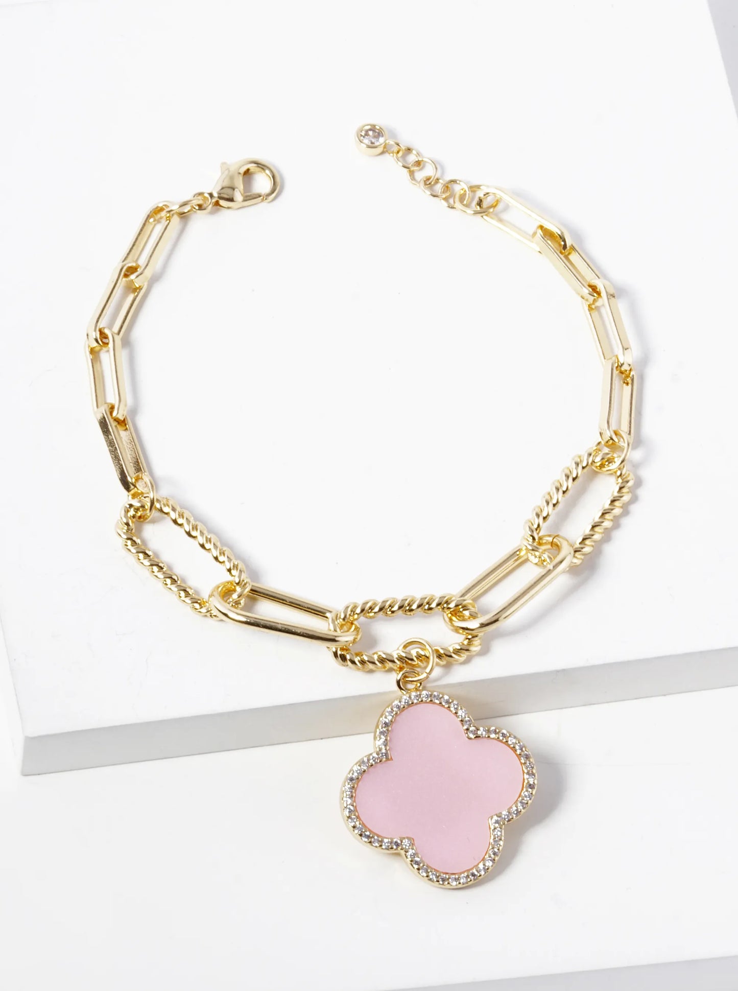 18k Gold Dipped CZ Pave Quatrefoil Charm Chain Bracelet