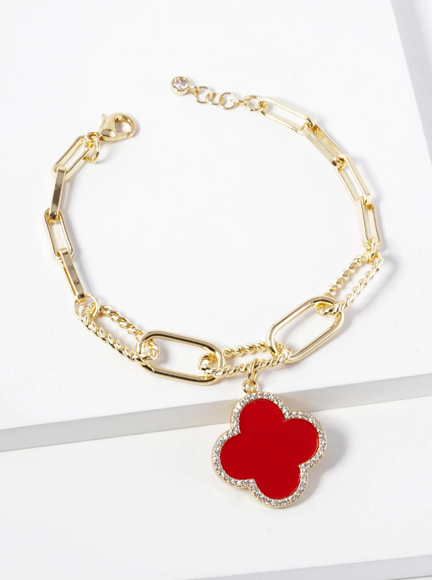 18k Gold Dipped CZ Pave Quatrefoil Charm Chain Bracelet