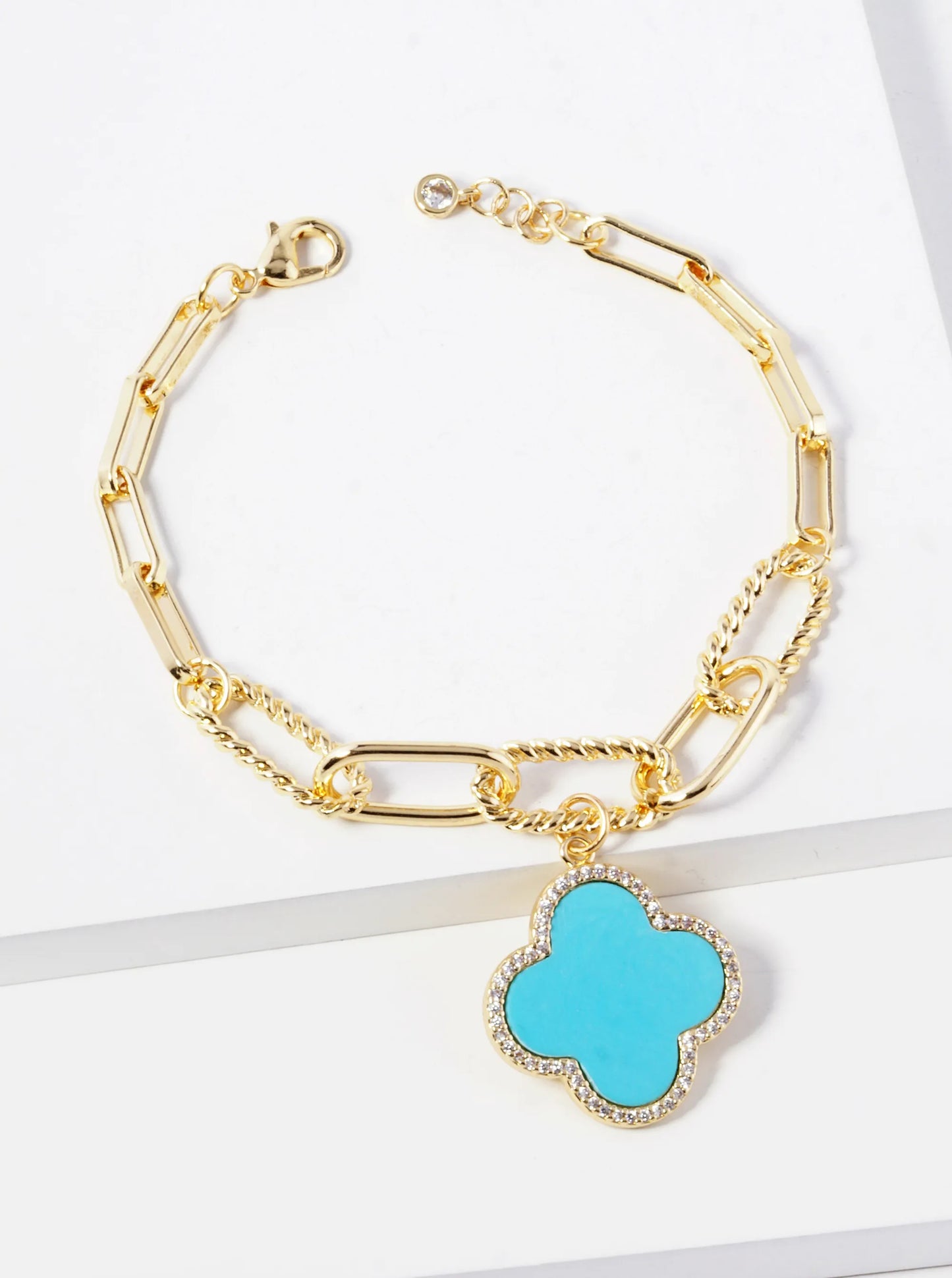 18k Gold Dipped CZ Pave Quatrefoil Charm Chain Bracelet