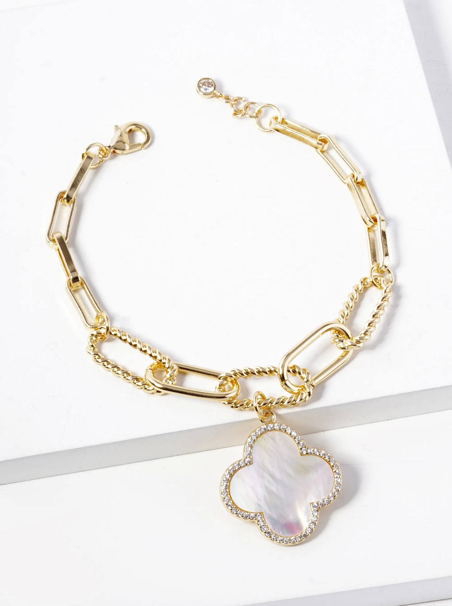 18k Gold Dipped CZ Pave Quatrefoil Charm Chain Bracelet