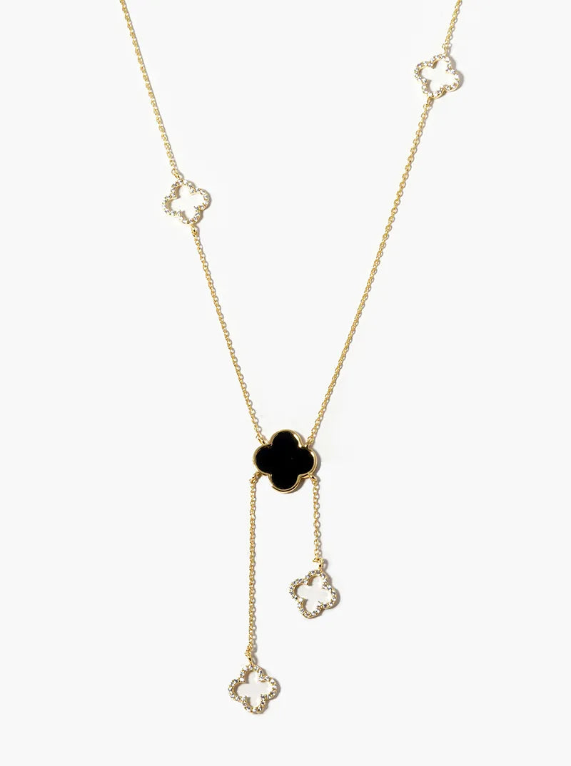 18k Gold Dipped CZ Pave Quatrefoil Lariat Necklace