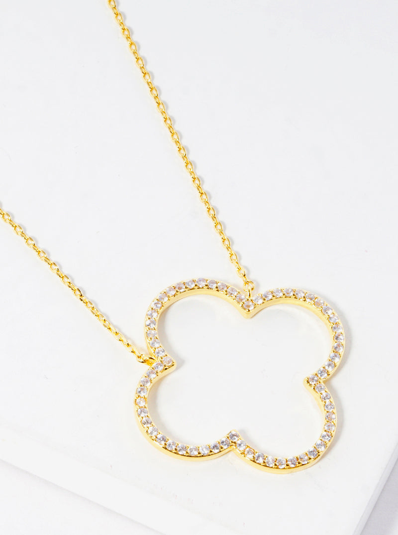 18k Gold Dipped CZ Pave Quatrefoil Pendant Delicate Necklace