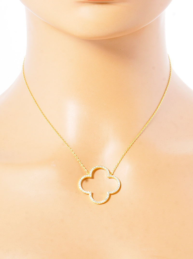 18k Gold Dipped CZ Pave Quatrefoil Pendant Delicate Necklace