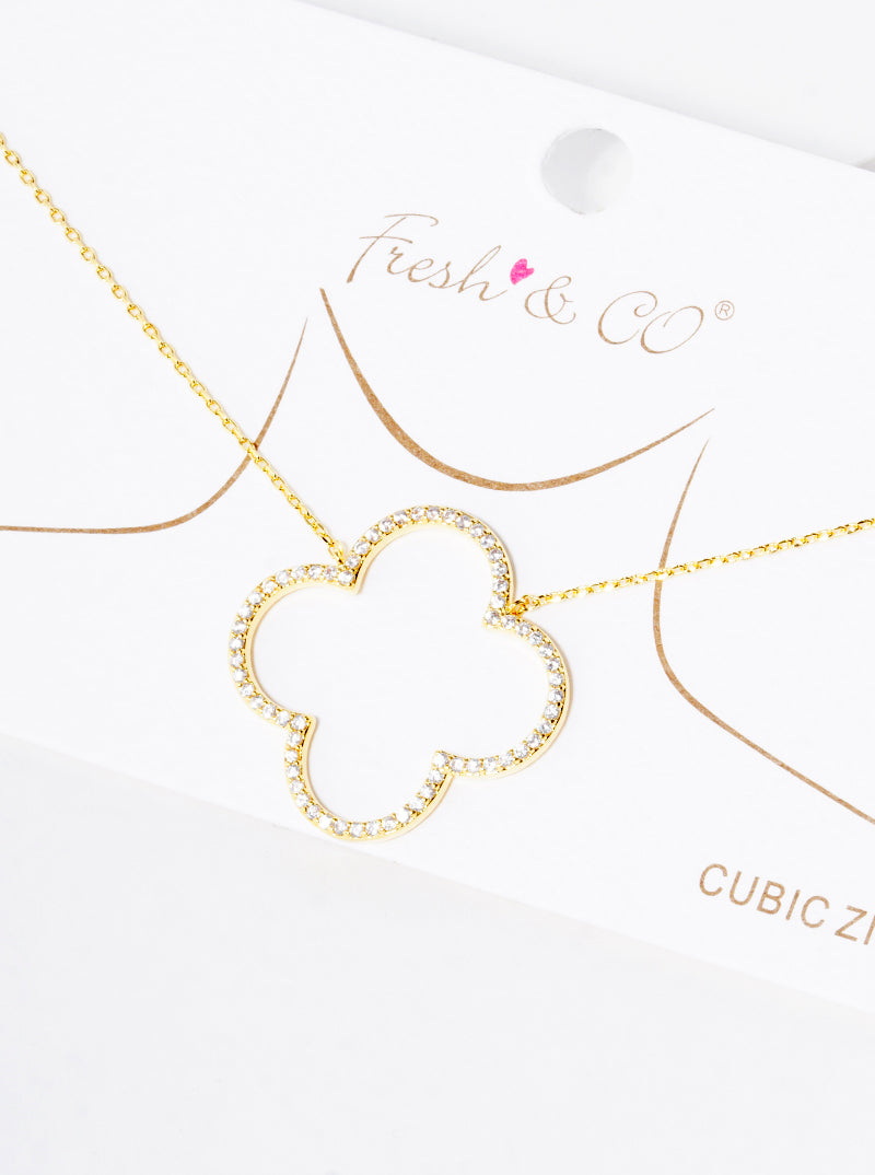 18k Gold Dipped CZ Pave Quatrefoil Pendant Delicate Necklace