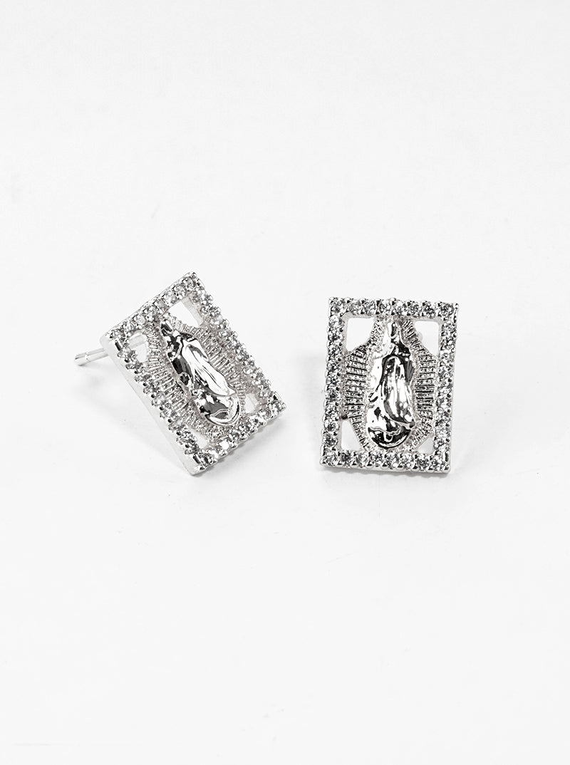 18k Gold Dipped CZ Pave Rectangle Virgin Mary Post Stud Earrings
