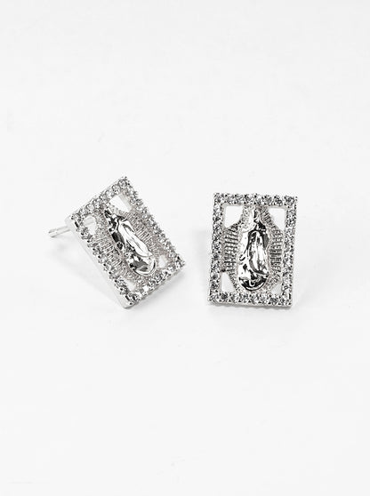 18k Gold Dipped CZ Pave Rectangle Virgin Mary Post Stud Earrings