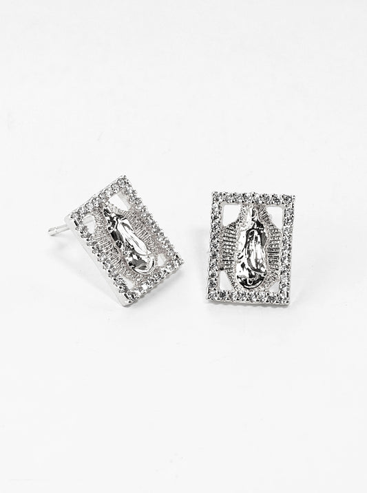 18k Gold Dipped CZ Pave Rectangle Virgin Mary Post Stud Earrings