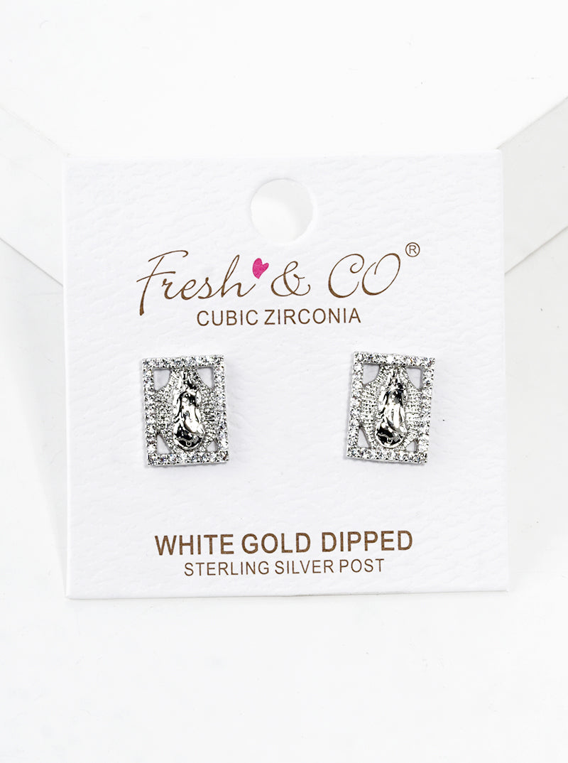 18k Gold Dipped CZ Pave Rectangle Virgin Mary Post Stud Earrings