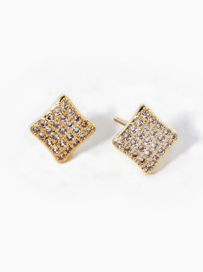18k Gold Dipped CZ Pave Rhombus Shape Stud Earrings