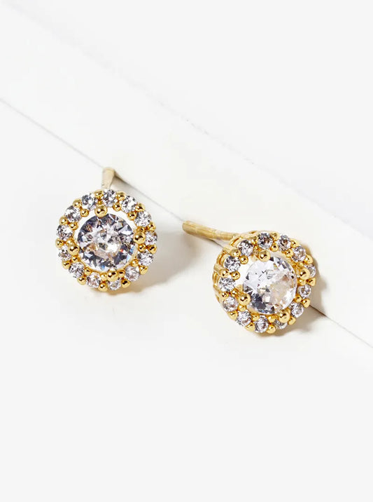 18k Gold Dipped CZ Pave Round Post Stud Earrings