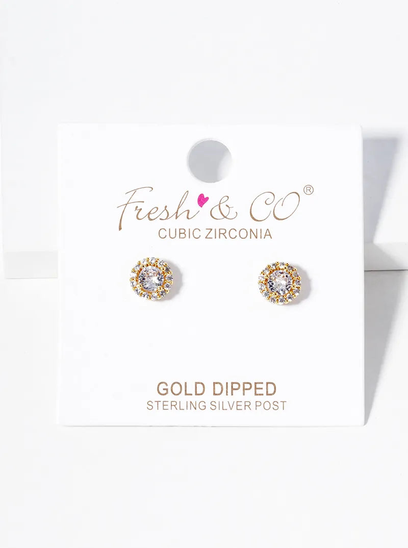 18k Gold Dipped CZ Pave Round Post Stud Earrings