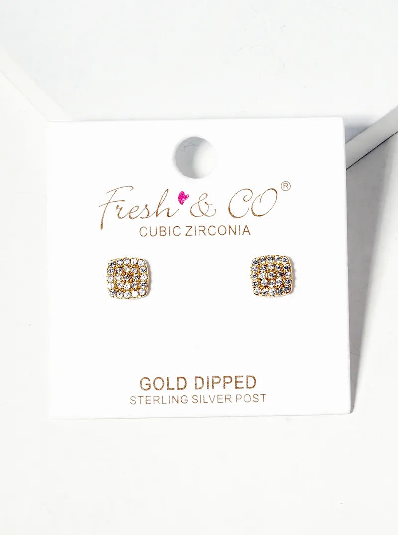 18k Gold Dipped CZ Pave Rounded Square Post Stud Earrings