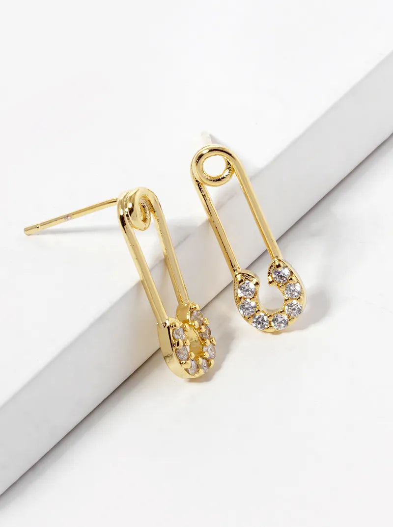 18k Gold Dipped CZ Pave Safety Pin Stud Earrings