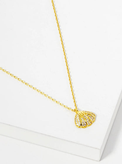 18k Gold Dipped CZ Pave Seashell Pendant Necklace