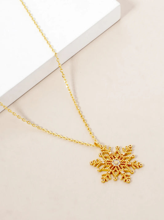 18k Gold Dipped CZ Pave Snowflake Pendant Necklace