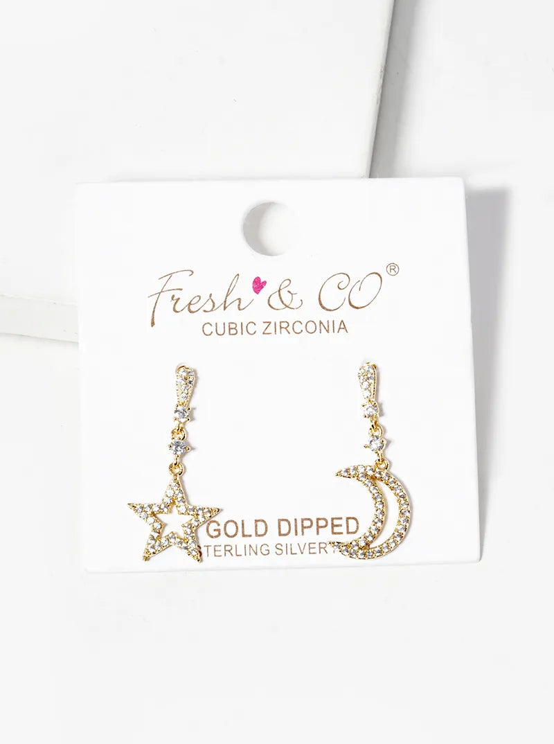 18k Gold Dipped CZ Pave Star And Moon Drop Dangle Post Earrings