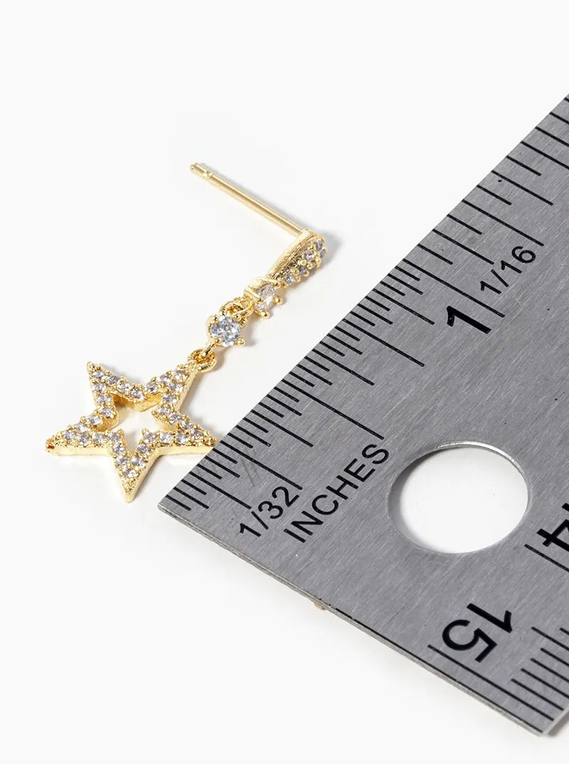 18k Gold Dipped CZ Pave Star And Moon Drop Dangle Post Earrings