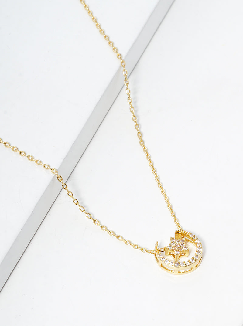 White Gold Dipped CZ Pave Star And Moon Pendant Necklace