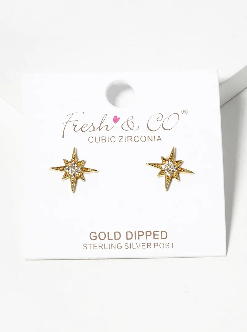 18k Gold Dipped CZ Pave Starburst Post Stud Earrings
