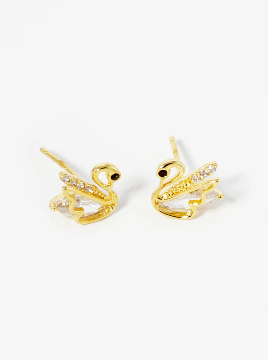 18k Gold Dipped CZ Pave Swan Stud Earrings