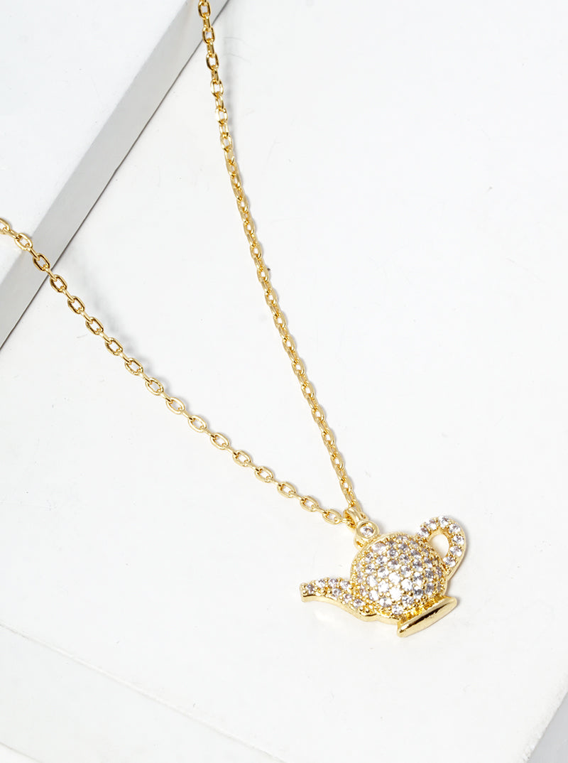 18k Gold Dipped CZ Pave Teapot Pendant Necklace