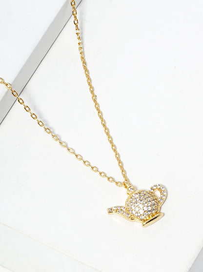 18k Gold Dipped CZ Pave Teapot Pendant Necklace
