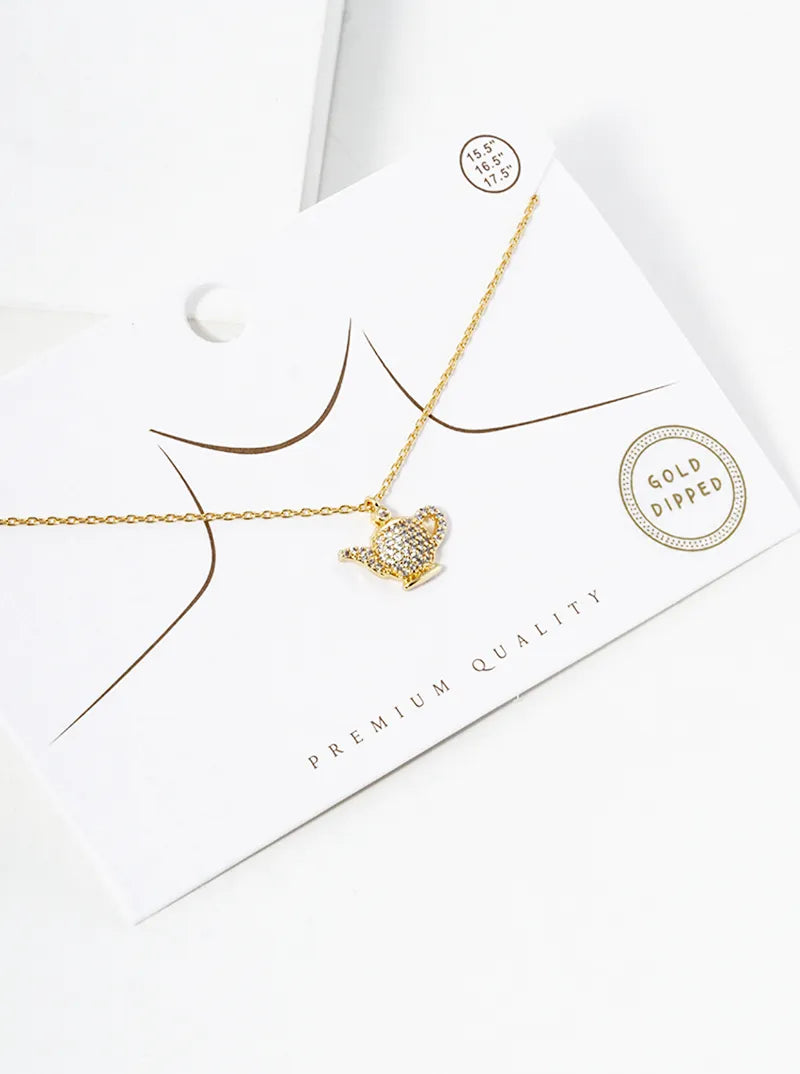 18k Gold Dipped CZ Pave Teapot Pendant Necklace