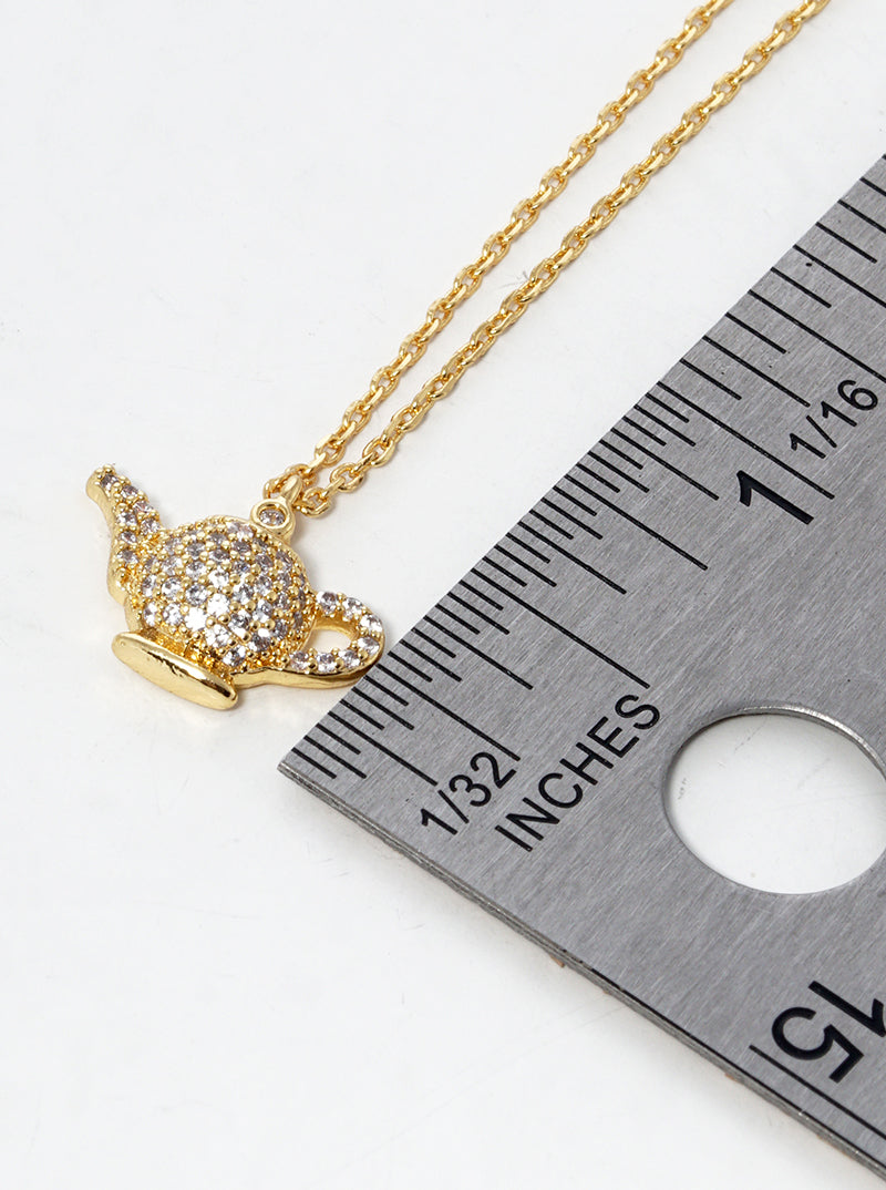 18k Gold Dipped CZ Pave Teapot Pendant Necklace
