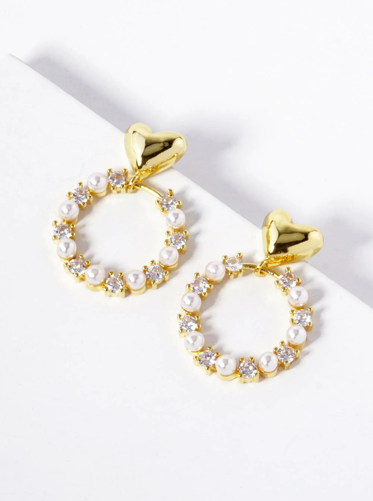 18k Gold Dipped CZ Pearl Beaded Circle Drop Heart Dangle Earrings