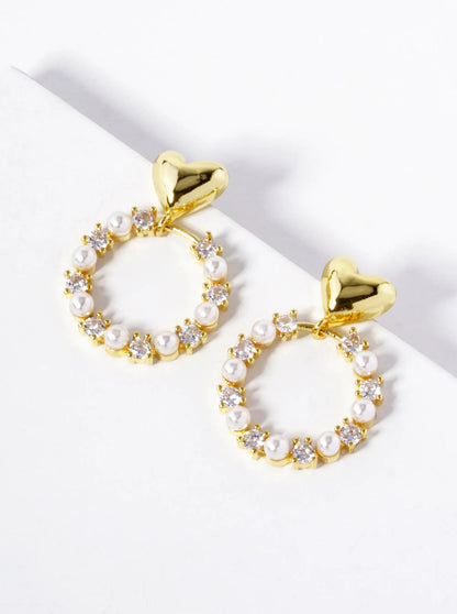 18k Gold Dipped CZ Pearl Beaded Circle Drop Heart Dangle Earrings