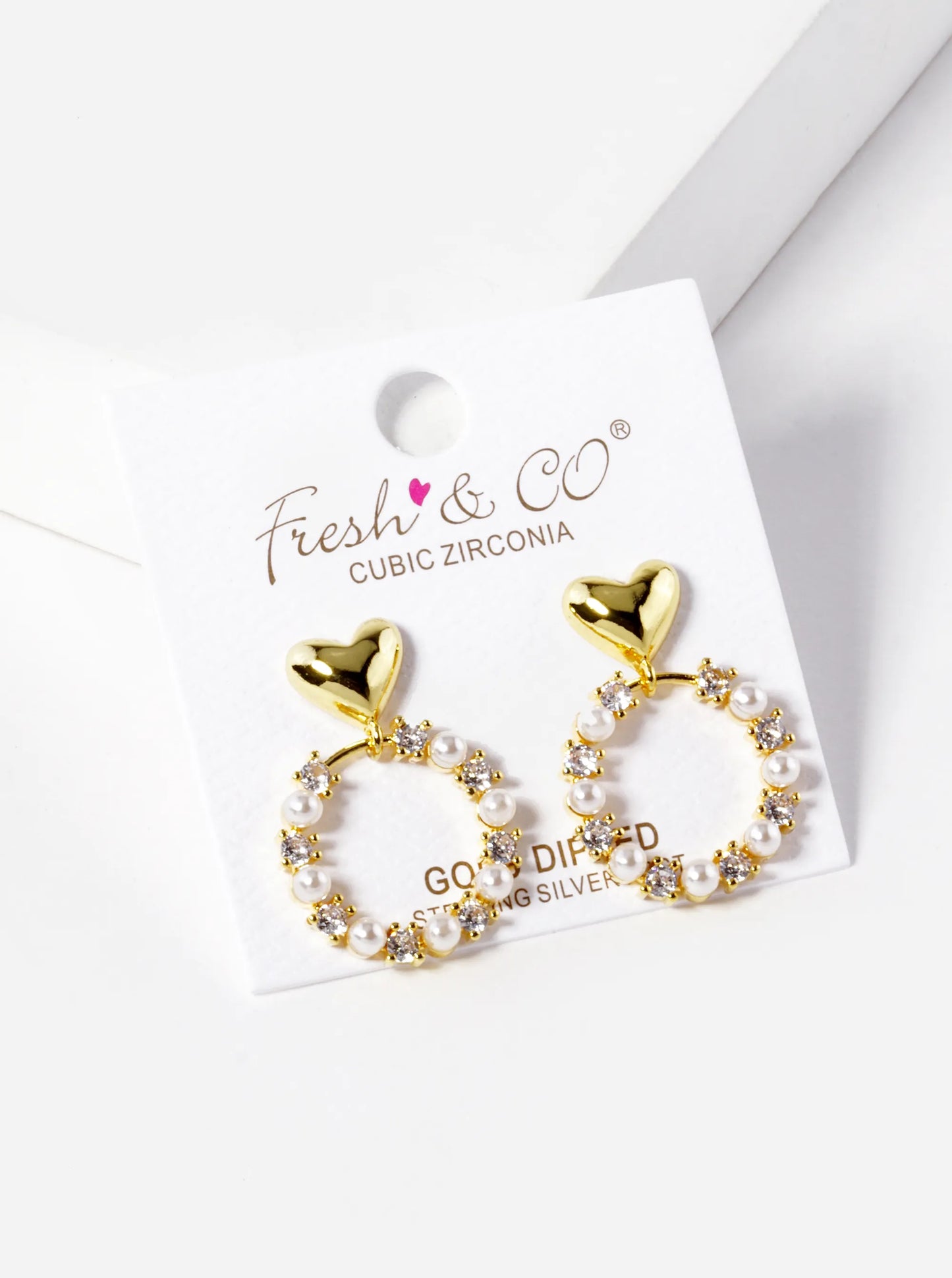 18k Gold Dipped CZ Pearl Beaded Circle Drop Heart Dangle Earrings