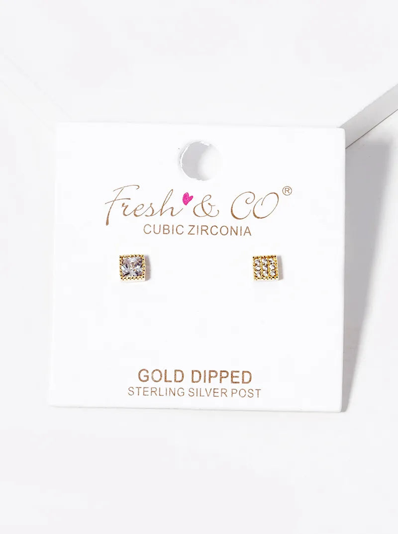 18k Gold Dipped CZ Princess Stud Earrings