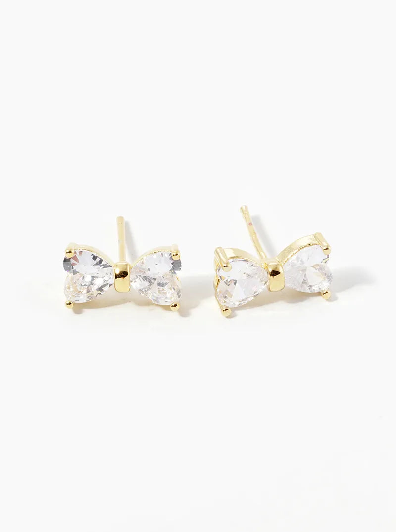 18k Gold Dipped CZ Ribbon Bow Stud Earrings