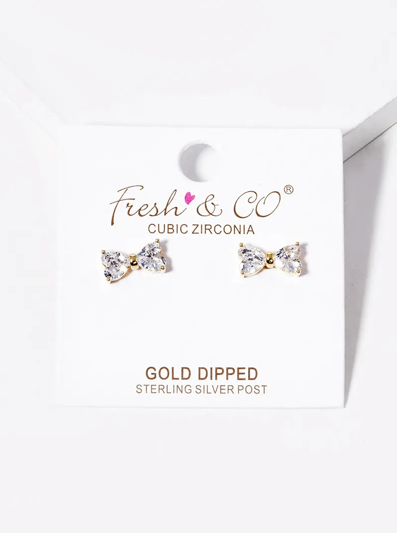 18k Gold Dipped CZ Ribbon Bow Stud Earrings