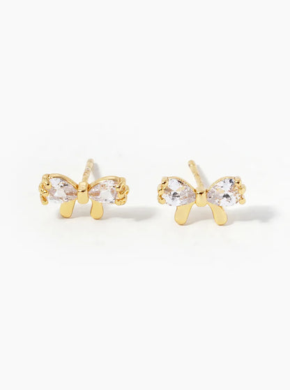 18k Gold Dipped CZ Ribbon Bow Stud Earrings