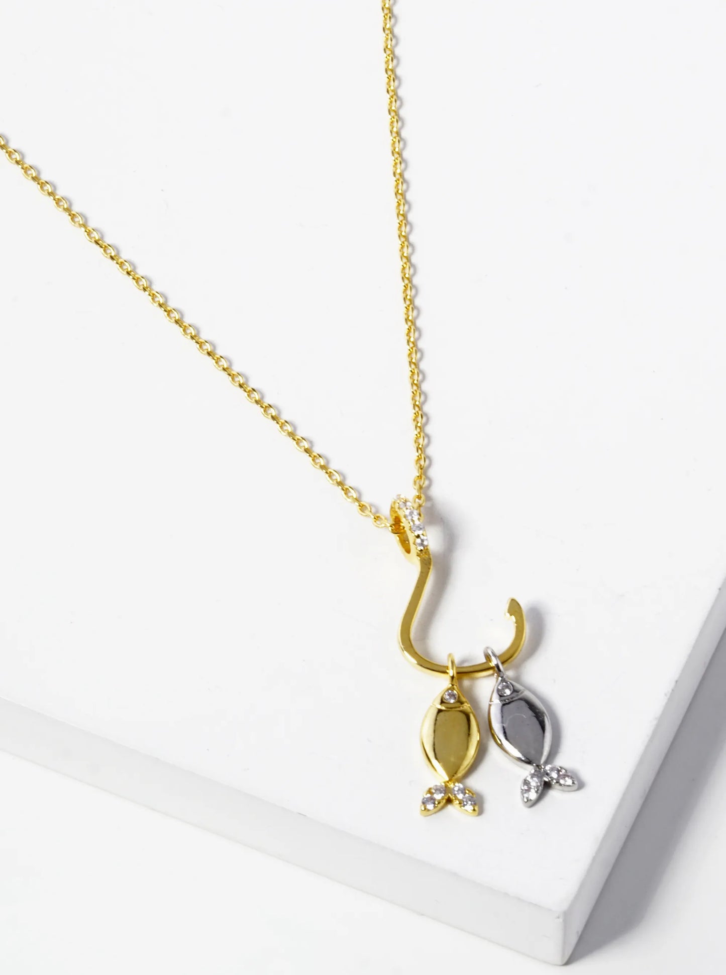 18k Gold Dipped CZ Two Fish With A Hook Pendant Necklace