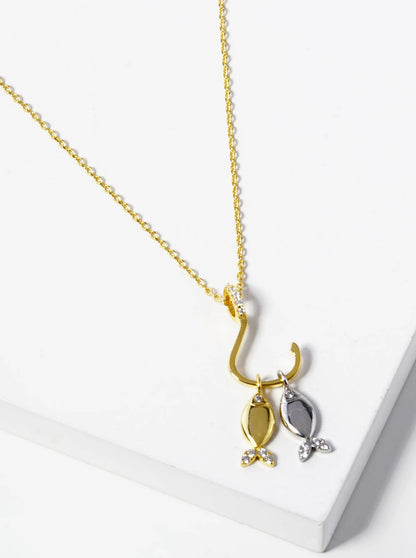 18k Gold Dipped CZ Two Fish With A Hook Pendant Necklace
