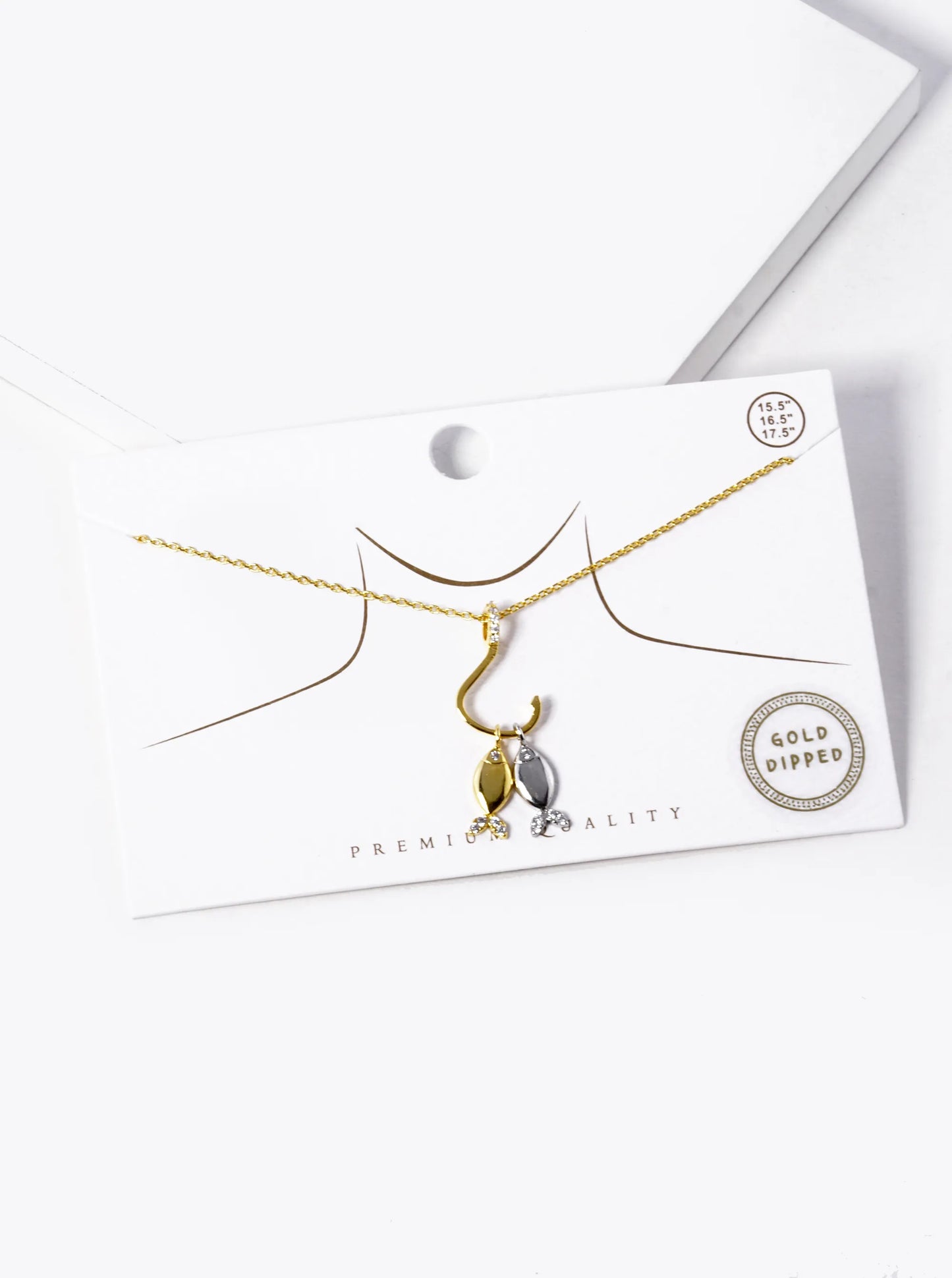 18k Gold Dipped CZ Two Fish With A Hook Pendant Necklace