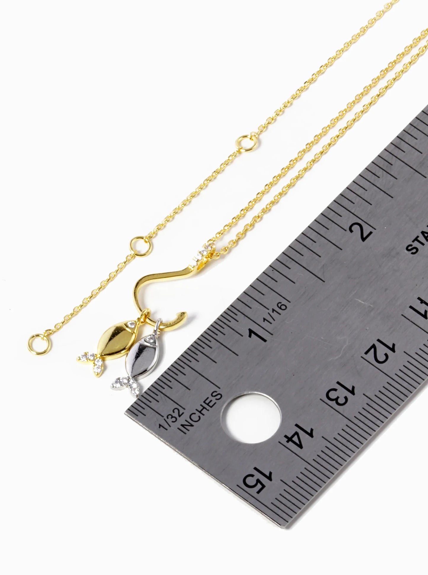 18k Gold Dipped CZ Two Fish With A Hook Pendant Necklace