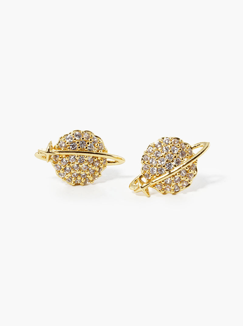 White Gold Dipped CZ Pave Saturn Post Stud Earrings