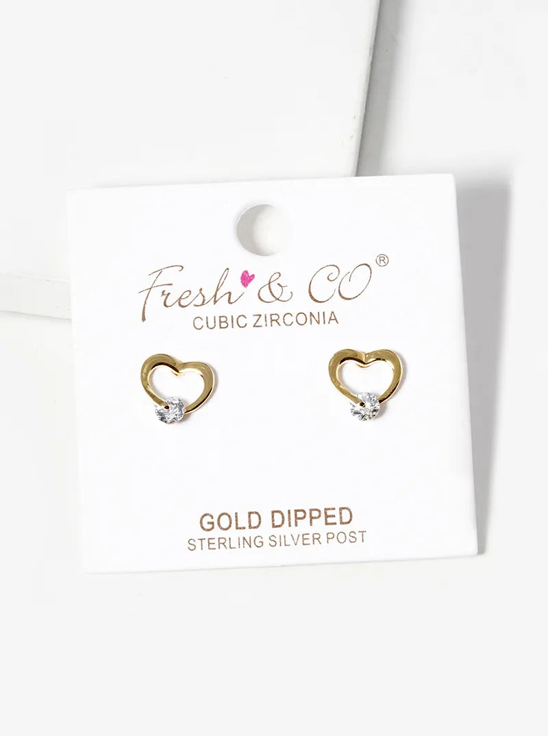 18k Gold Dipped CZ Stone Delicate Heart Post Stud Earrings