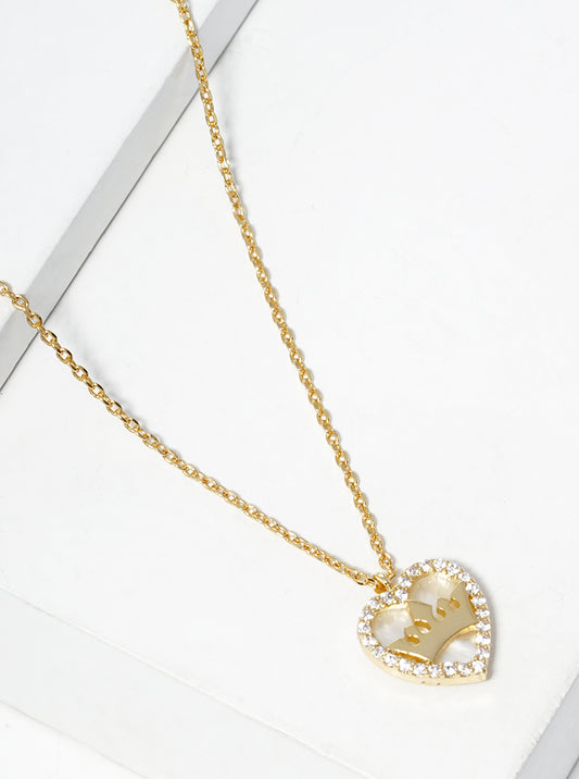 18k Gold Dipped Crown In CZ Pave MOP Heart Pendant Necklace
