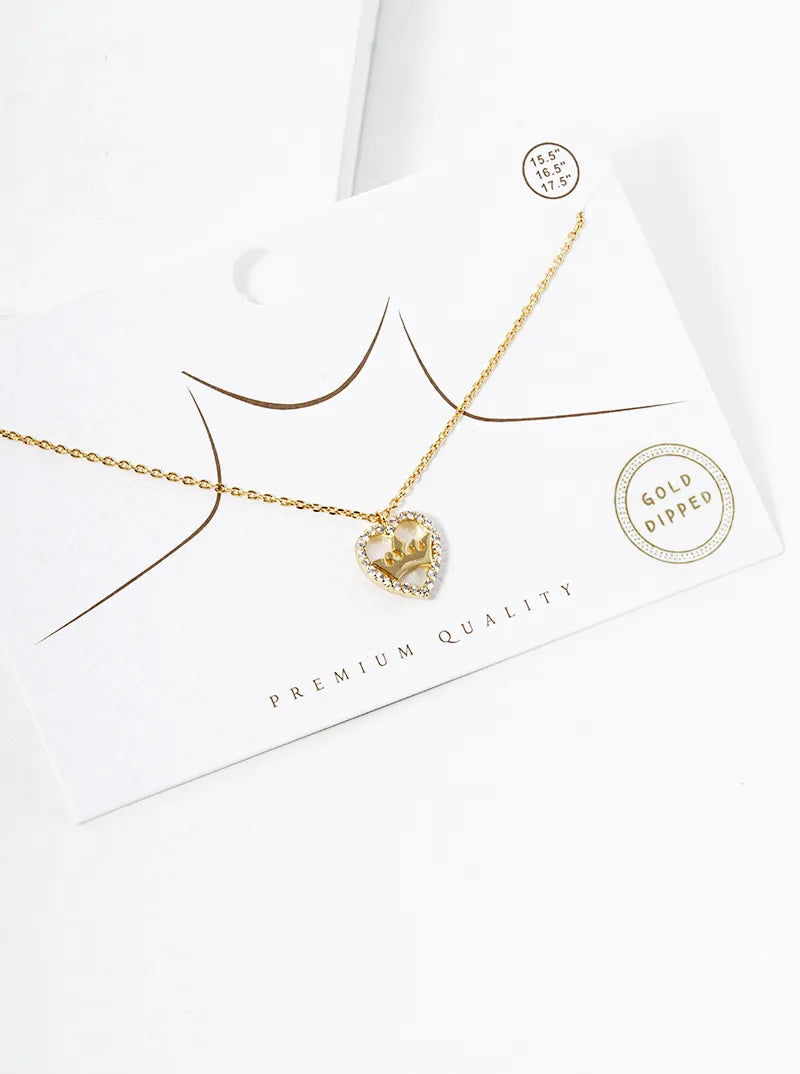 18k Gold Dipped Crown In CZ Pave MOP Heart Pendant Necklace