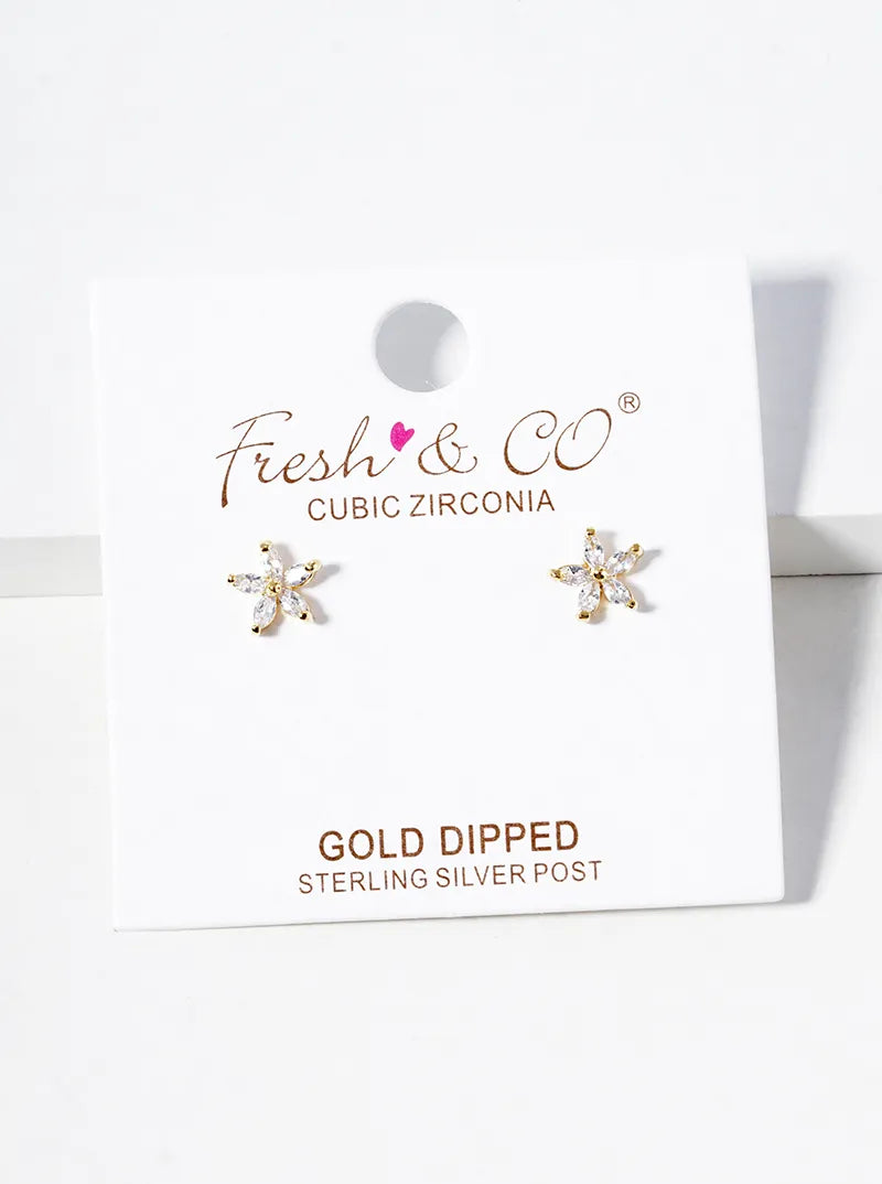18k Gold Dipped Dainty CZ Flower Post Stud Earrings