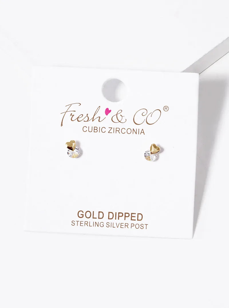 18k Gold Dipped Dainty CZ Stone Heart Stud Earrings