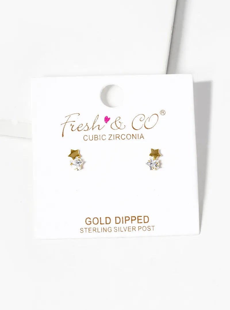 18k Gold Dipped Delicate CZ Double Stars Post Stud Earrings