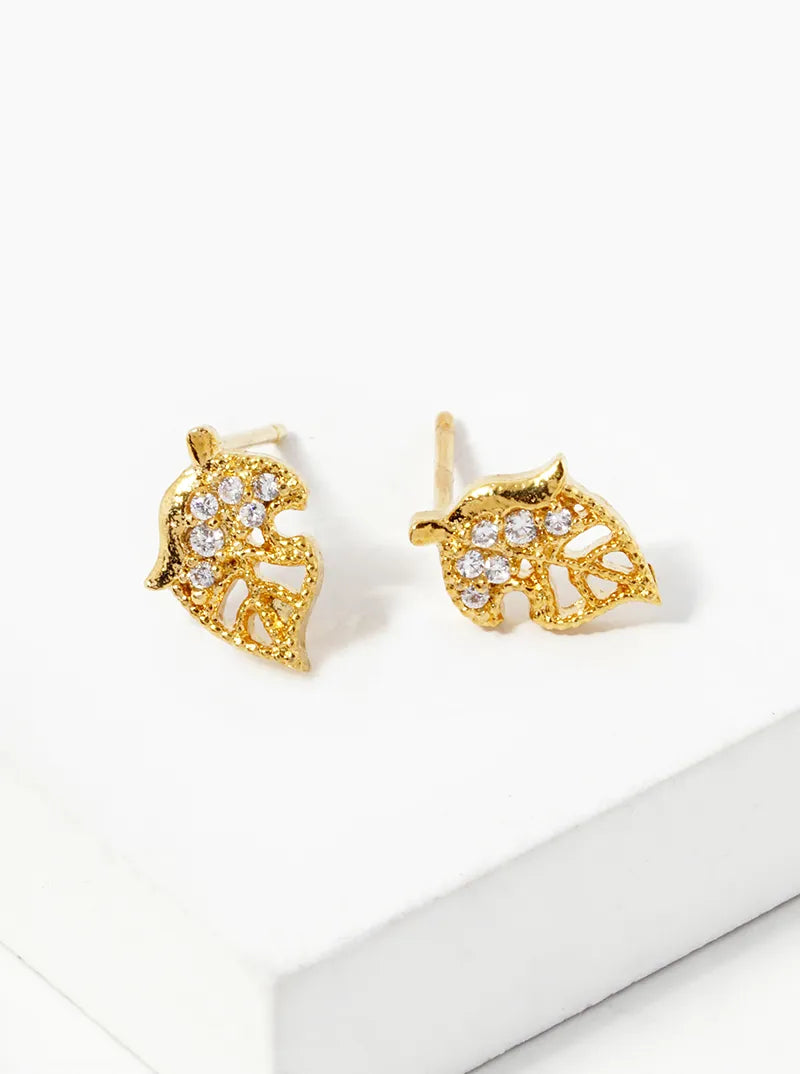 White Gold Dipped Delicate CZ Pave Leaf Stud Earrings
